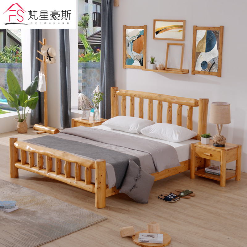 全实木床原木网红民宿床原生态自然风纯柏木床现代中式硬板双人床 - 图片 3