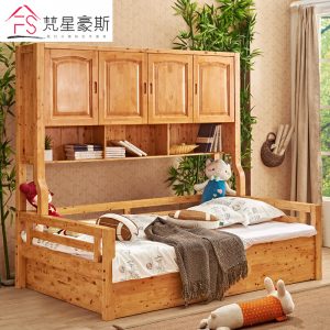 柏木儿童衣柜床组合1.2米 全实木宝宝床围栏婴儿床储物衣柜一体床